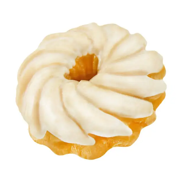 1 German doughnut cruller with sugar icing isolated against white background closeup