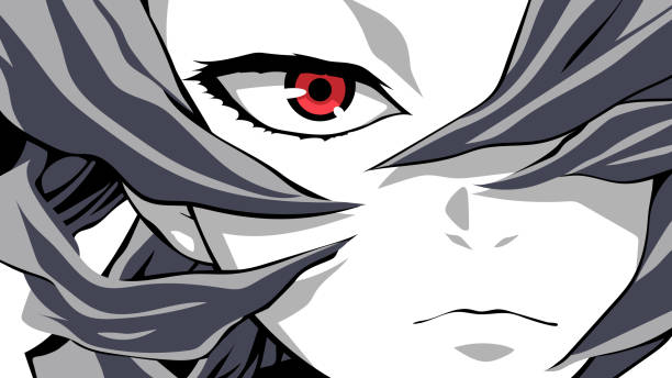 ilustraciones, imágenes clip art, dibujos animados e iconos de stock de primer plano de cara de dibujos animados con ojos rojos. ilustración vectorial para anime, manga en estilo japonés - manga