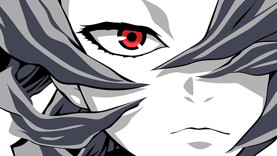 Cartoon face close-up with red eyes. Vector illustration for anime, manga in japanese style