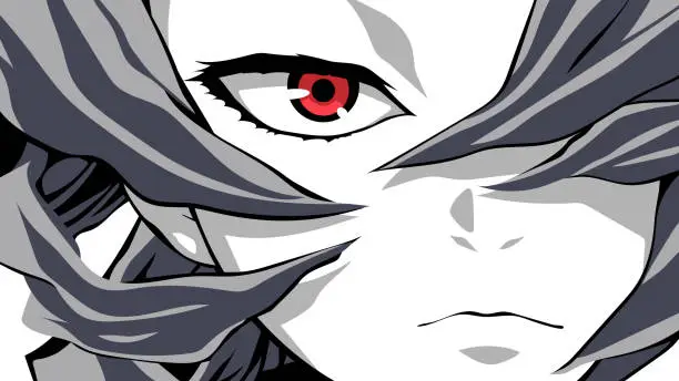 Vector illustration of Cartoon face close-up with red eyes. Vector illustration for anime, manga in japanese style