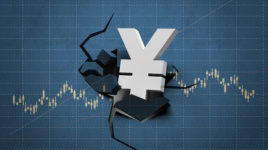 Broken wall finance chart and yen sign. Horizontal composition.