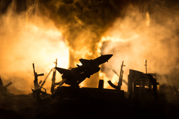 istock Creative artwork decoration war on Ukraine. Crowd looking on giant explosion and attacking soldiers. 1390885278