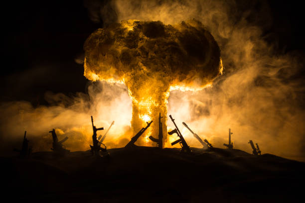 istock Creative artwork decoration war on Ukraine. Crowd looking on giant explosion and attacking soldiers. 1390885284