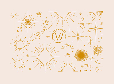 Set of flat design elements sun, sunset, sunbeams, stars borders, frame in modern line drawing with brown color lines on beige background