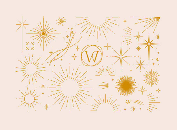 Flat design elements sun and sunbeams Set of flat design elements sun, sunset, sunbeams, stars borders, frame in modern line drawing with brown color lines on beige background gold or aquarius or symbol or fortune or year stock illustrations