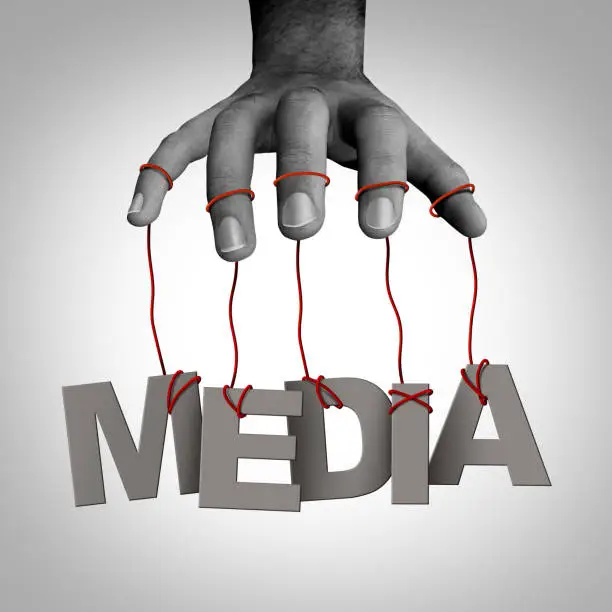Media manipulation and controlling the narrative or directing the conversation as news censorship or political fake news persuasion controlling the story as a symbol of managing and marketing in a 3D illustration style.