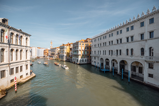 View on Grand Canal in Venice. Italian landmarks and traveling Italy concept. Cityscape in autumn sunny day