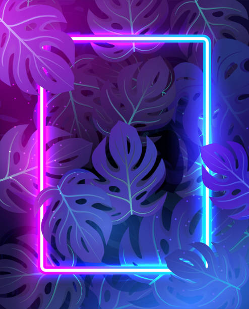 Tropical Leaves background with colorful neon frame Tropical Leaves background with colorful neon frame glowing leaves stock illustrations