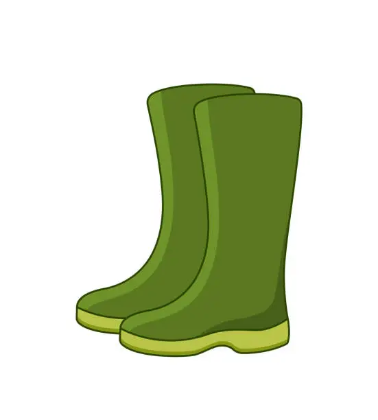 Vector illustration of Green high clean rubber boots. Gardening, autumn. Cartoon style. Isolated on a white background