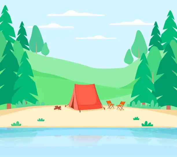 Vector illustration of Summer landscape with forest on hills near river. National park or reserve with lake. Natural background. Vector