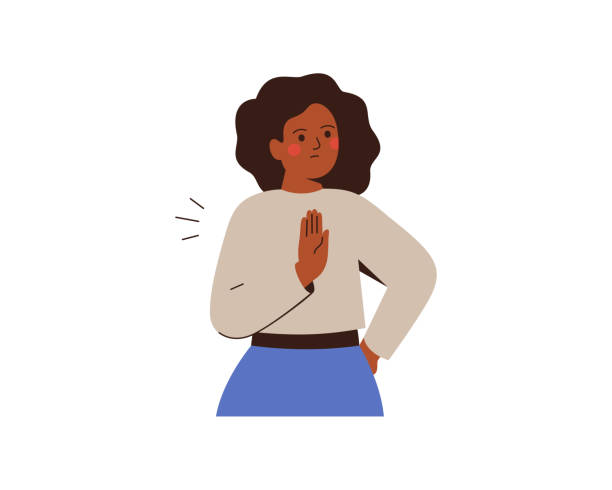 illustrations, cliparts, dessins animés et icônes de une femme noire a levé la main pour protester contre quelque chose. une femme d’affaires afro-américaine s’est opposée à smth. la fille dit non par geste. - protest stop gesture stop sign no