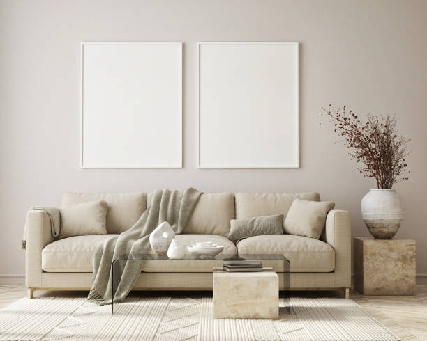 istock mock up poster frame in modern interior background, living room, Scandinavian style, 3D render, 3D illustration 1390888057
