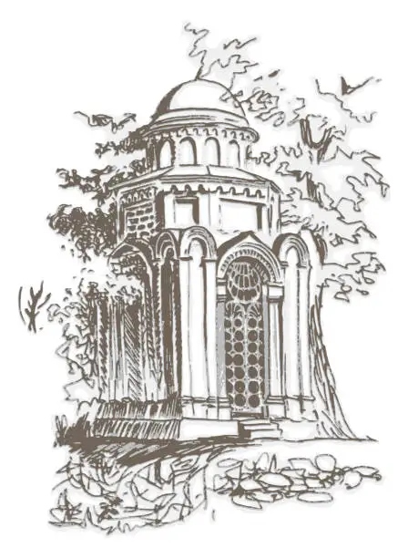 Vector illustration of Hand drawn vintage pencil sketch landscape. Rotunda chapel in ancient Byzantine architectural style in Chernihiv city.Vector traced contour line on a white background