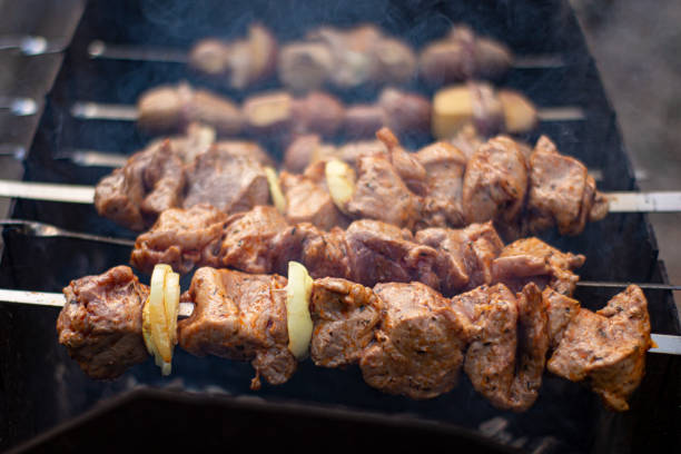 Fry kebabs on skewers in the grill