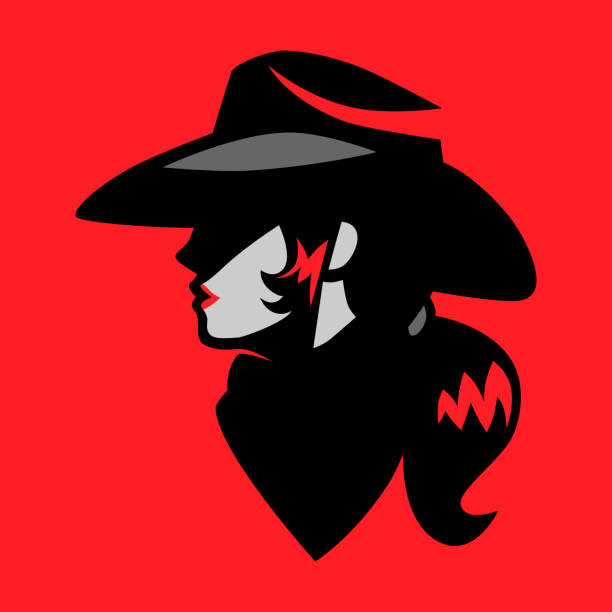 Cowgirl portrait symbol on red backdrop Pretty cowgirl side view portrait symbol on red backdrop. Design element cowgirl stock illustrations