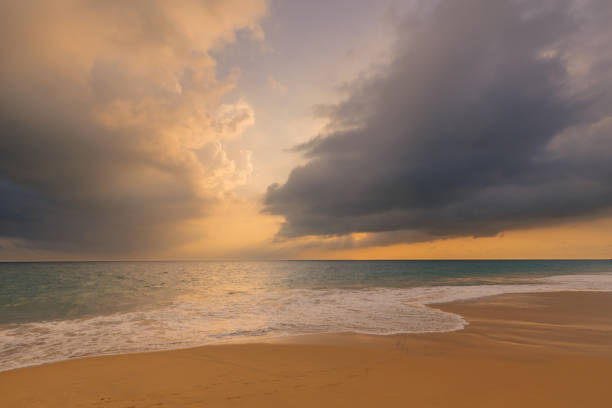 istock Foamy waves on the sandy ocean beach under a beautiful sunset sky with clouds on Sri Lanka island. 1390891956