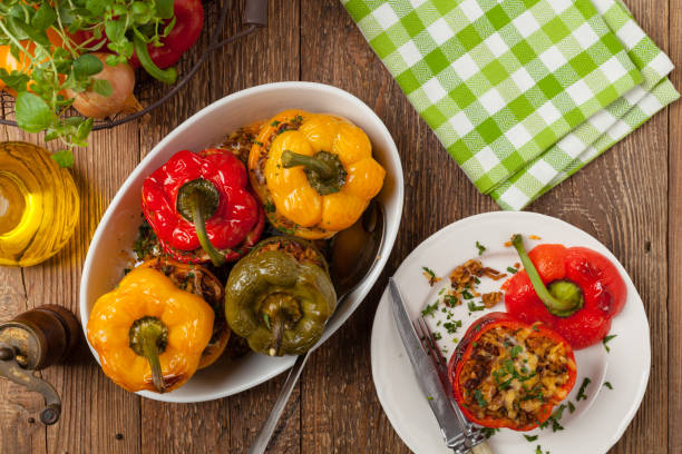 istock Colorful baked with cheese, stuffed peppers with rice and minced meat. 1390893006