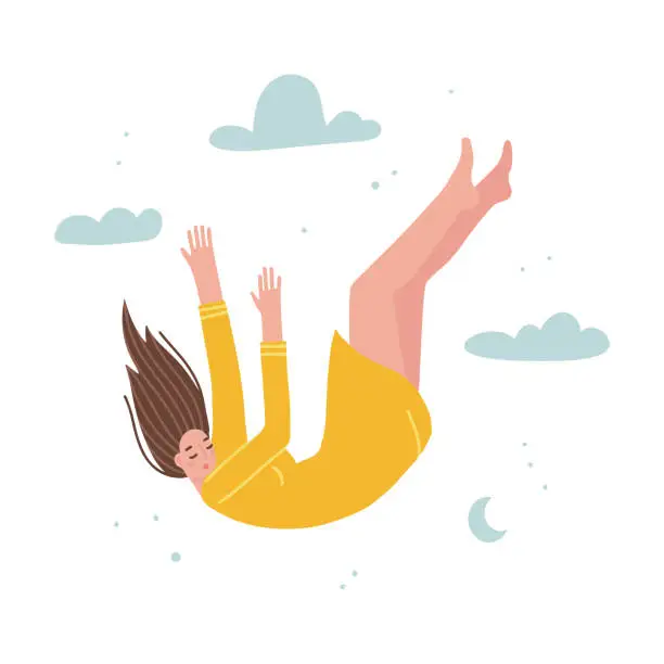 Vector illustration of Young woman falling from sky. Female character breaks away. Metaphor concept of psychological falling down. Loss of meaning in life. Flat vector character illustration.