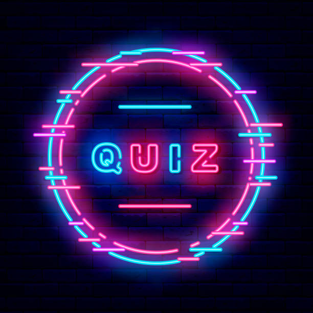 ilustrações, clipart, desenhos animados e ícones de quiz neon placa. quadro de círculo de falha. conceito de jogo. projeto do exame. banner de efeito brilhante. ilustração vetorial - trivial pursuit illustrations