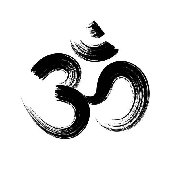 illustrazioni stock, clip art, cartoni animati e icone di tendenza di om, simbolo del pennello aum. yoga mantra om, icona vettoriale, stile grunge - om symbol yoga symbol hinduism