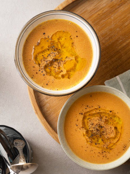 Hot soup, Lentil Soup, Butternuts squash and red lentils soup stock photo