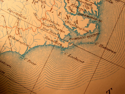 Antique map 1916 government-copyright free. Rich paper texture and warm colors make this a nice  background or decor print. Centered on Pamilico sound on North Carolina coast.