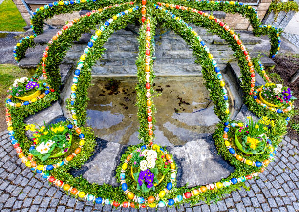 Bad Wörishofen, Germany - April 9: typical easter decoration at a well in the old town of Bad Woerishofen on April 9, 2022
