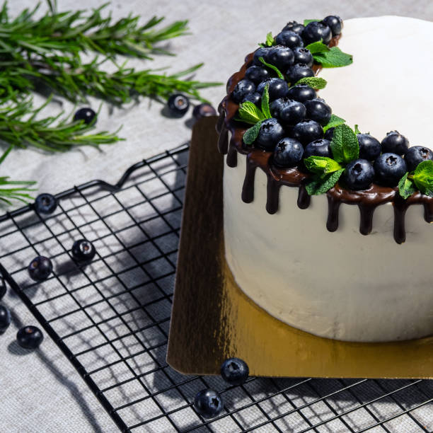 istock Creamy white cake decorated with chocolate with blueberries on top, stands on substrate. In blurry plan, berries and rosemary. Place for the inscription. Image for website about food, confectionery. Selective focus. 1390896800