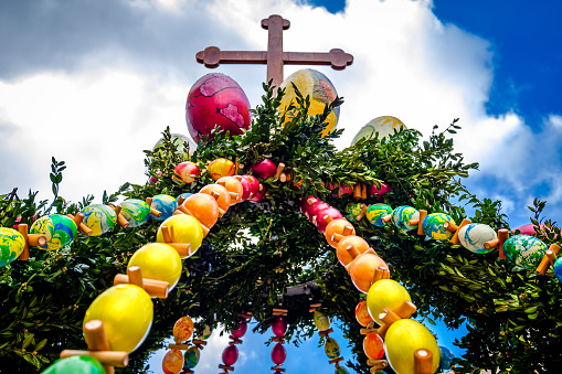 Bad Wörishofen, Germany - April 9: typical easter decoration at a well in the old town of Bad Woerishofen on April 9, 2022