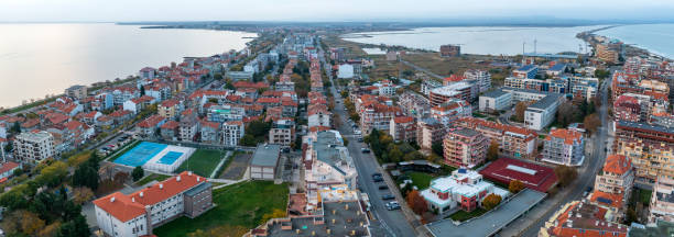 Panoramic city Panoramic aerial view from drone of Pomorie city, Bulgaria pomorie stock pictures, royalty-free photos & images