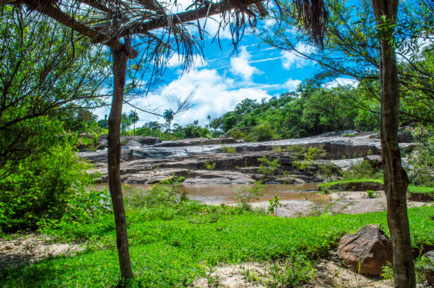 Beautiful landscape with waterfall, blue sky, trees, rivers, mountains and clouds.