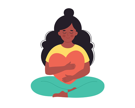 Woman hugging heart. Self love, positive emotion, mental health, freedom, happiness, mental wellbeing. Vector illustration