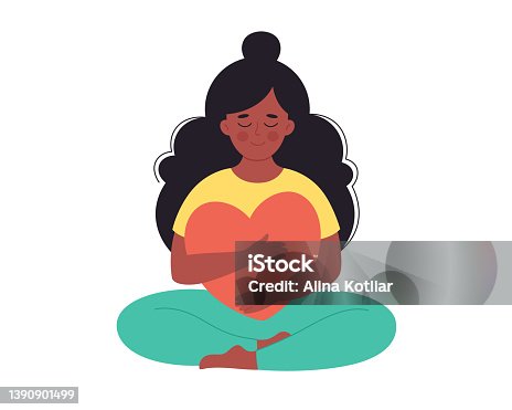 istock Woman hugging heart. Self love, positive emotion, mental health, freedom, happiness, mental wellbeing. Hand drawn vector illustration 1390901499