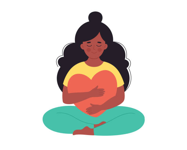 Woman hugging heart. Self love, positive emotion, mental health, freedom, happiness, mental wellbeing. Hand drawn vector illustration Woman hugging heart. Self love, positive emotion, mental health, freedom, happiness, mental wellbeing. Vector illustration relaxed stock illustrations