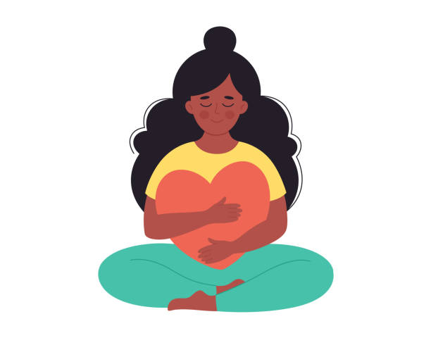 Woman hugging heart. Self love, positive emotion, mental health, freedom, happiness, mental wellbeing. Hand drawn vector illustration Woman hugging heart. Self love, positive emotion, mental health, freedom, happiness, mental wellbeing. Vector illustration body care stock illustrations