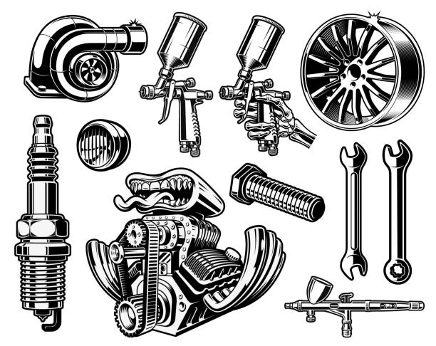 ilustraciones, imágenes clip art, dibujos animados e iconos de stock de un conjunto de ilustraciones vectoriales para un tema de hot rod - airbrushing