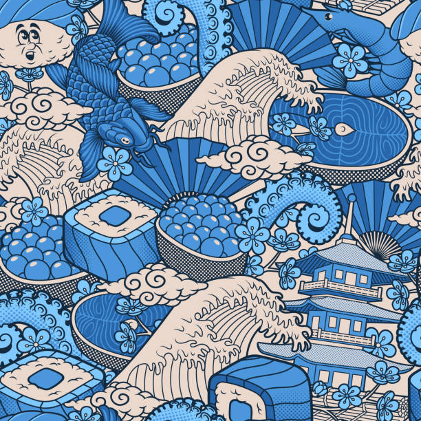 ilustraciones, imágenes clip art, dibujos animados e iconos de stock de fondo sin costuras de dibujos animados de comida japonesa - sushi cartoon food wallpaper pattern