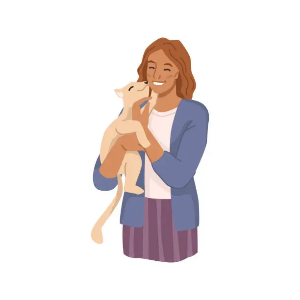 Vector illustration of Young lady playing with cat, isolated female personage with kitten in hands. Vector flat cartoon character caring for feline animal holding in hands. Teenager with own pet, happy woman