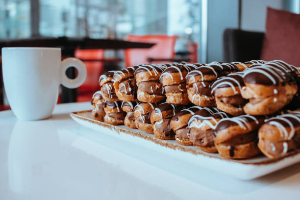 Filled cakes or desserts, chocolate filled mini cakes, eclairs dessert