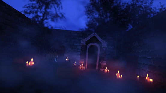 Crypt with candlelights on a misty night. 3D render.