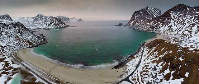 Aerial view of Haukland bay taken with a drone in winter - Lofoten Islands - Norway