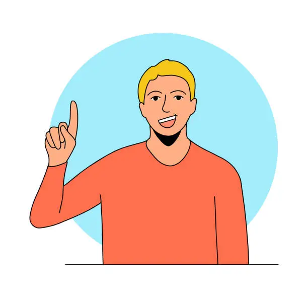 Vector illustration of smiling young man showing forefinger