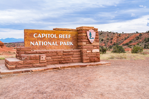 Torrey, UT - October 7, 2021 - Entrance sign to Capitol Reef National Park in Utah