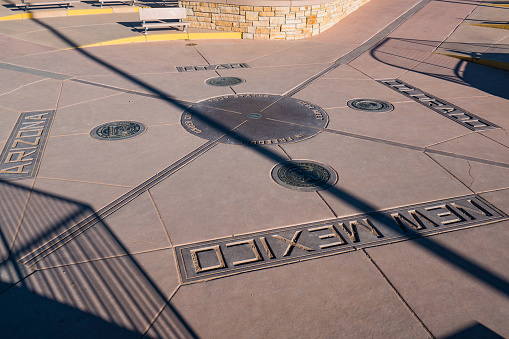 Teec Nos Pos, AZ - October 10,2021:  The Four Corners Monument marks the intersection of the state borders of Colorado, New Mexico, Utah and Arizona