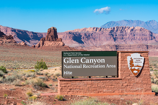 Hite, UT - October 9, 2021: Hite entrance sign to Glen Canyon National Recreation Area in the desert southwest of Utah