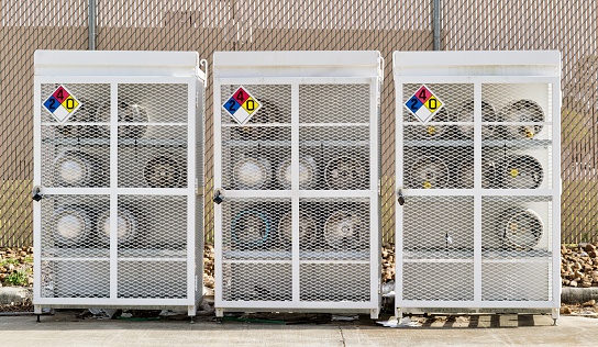 Liquid Petroleum gas cylinders stored horizontally in a metal safety cage with NFPA warning signs on the closed doors, front view outside.