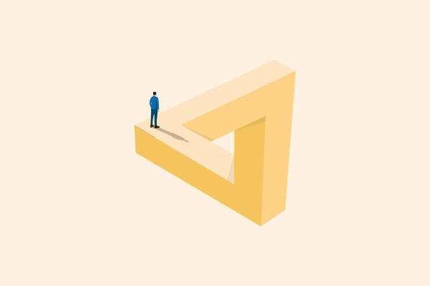 istock Businessman walking on on Penrose triangle. Symbol of challenge, success, cooperation. 1390908217