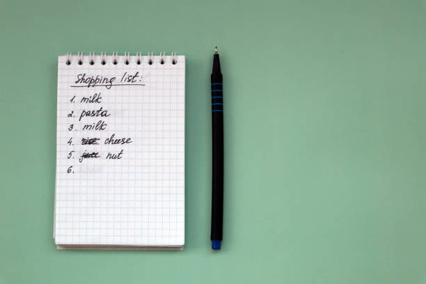 istock Notebook with shopping list on green background and pen with copy space. 1390908455