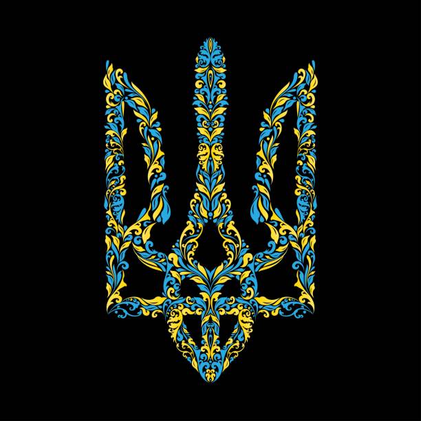 ilustraciones, imágenes clip art, dibujos animados e iconos de stock de escudo de armas de ucrania floral de dos colores - ukraine trident ukrainian culture coat of arms