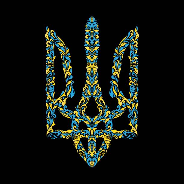 герб украины цветочный двухцветный - ukraine trident ukrainian culture coat of arms stock illustrations